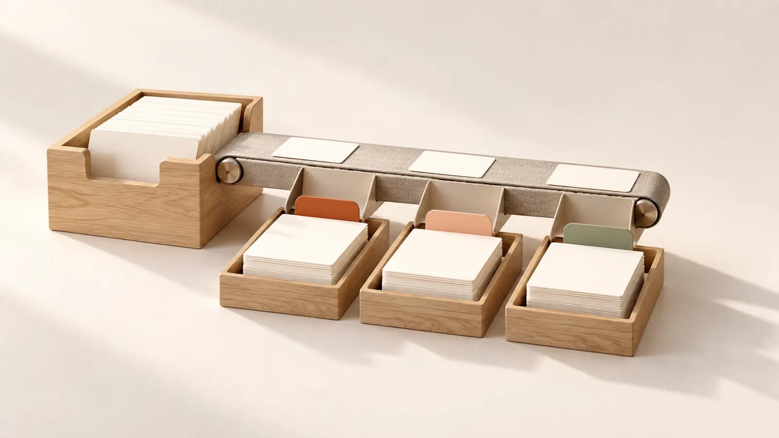 Blank cards moving from an oak tray along a conveyor into three stacks with coloured tabs