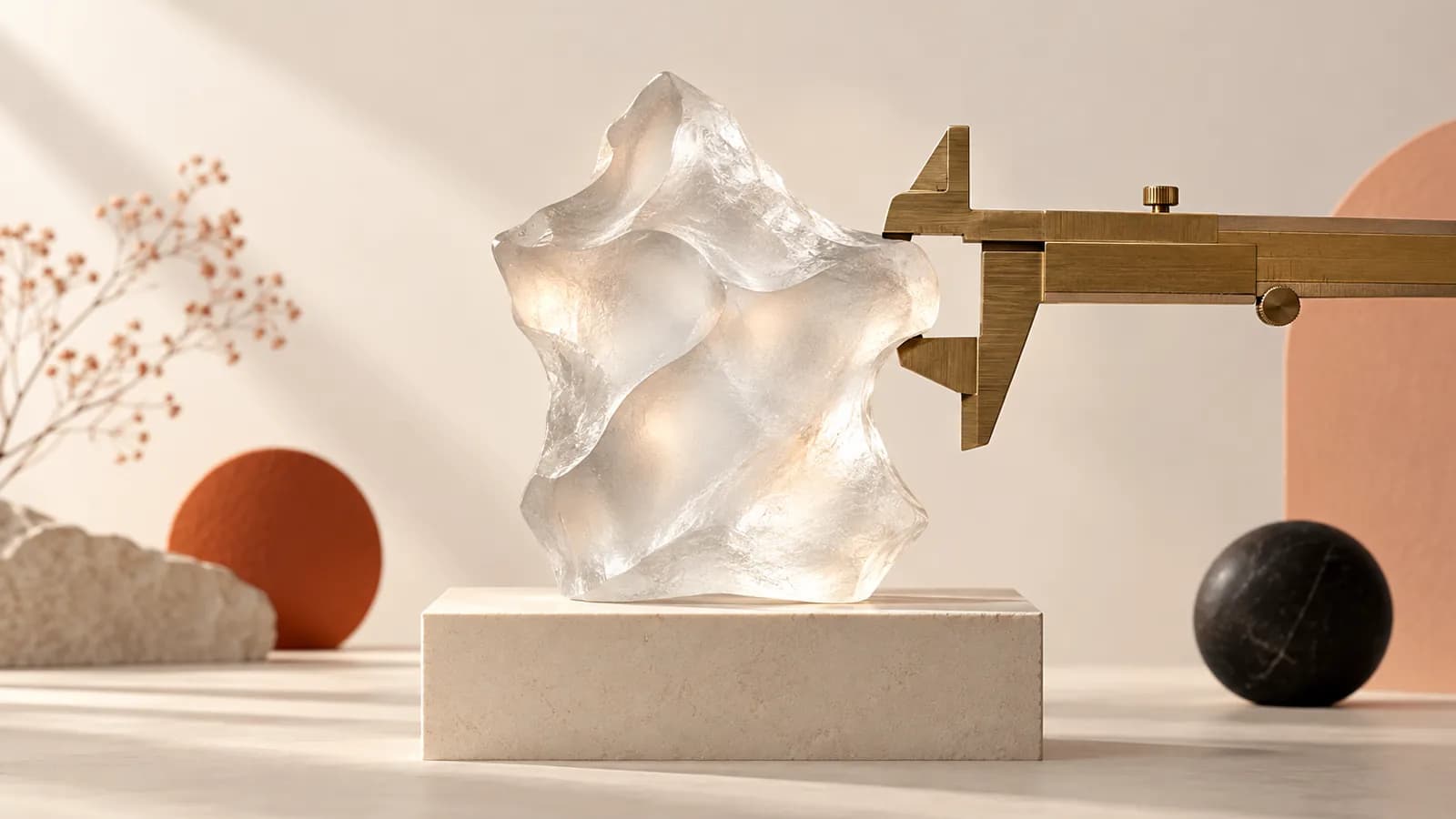 A rough frosted-glass sculpture on a plinth being measured by a brass caliper