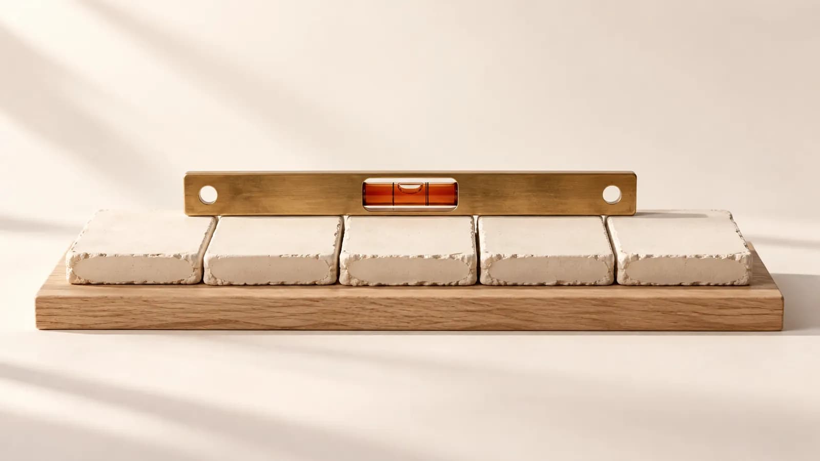 A brass spirit level with a centred bubble resting across freshly cast plaster tiles
