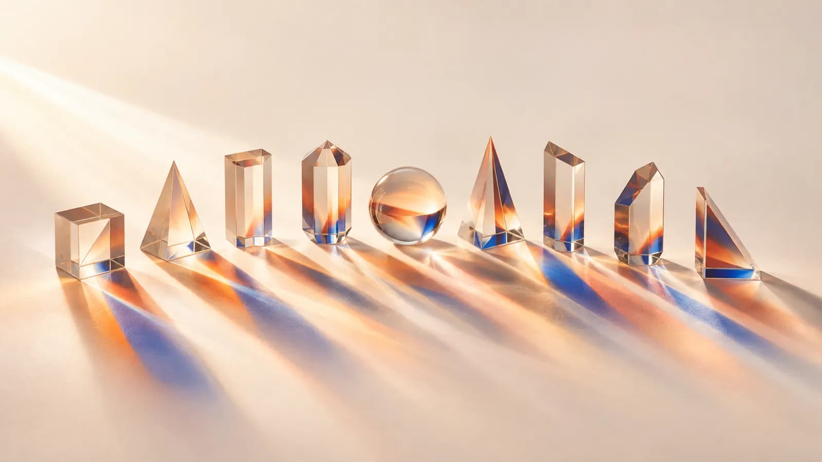 Nine glass prisms in a curve, each splitting one beam of light into different coloured bands