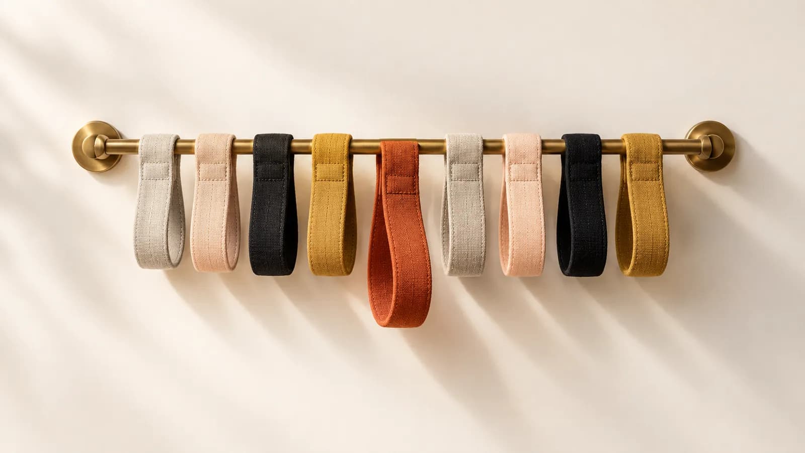 Nine blank fabric wristbands draped over a brass rod, one terracotta band hanging forward