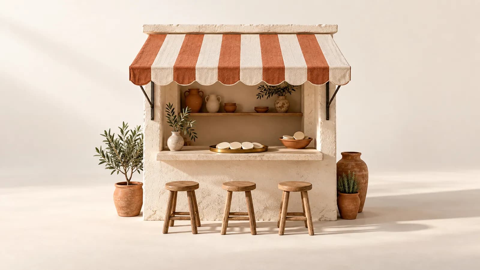 A miniature plaster market stall with a striped terracotta awning and three small stools