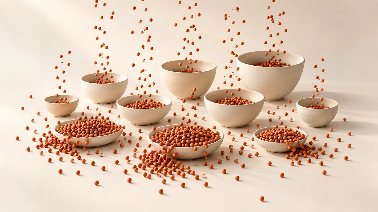 Ceramic bowls of different depths under falling terracotta beads, the shallow ones overflowing