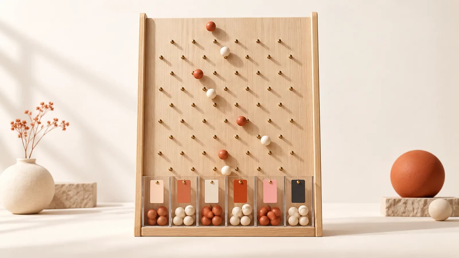 Marbles dropping through an oak pegboard into tagged glass bins at the bottom