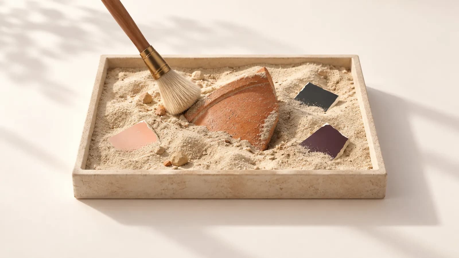 A brush uncovering a terracotta shard in sand beside half-buried colour swatch chips