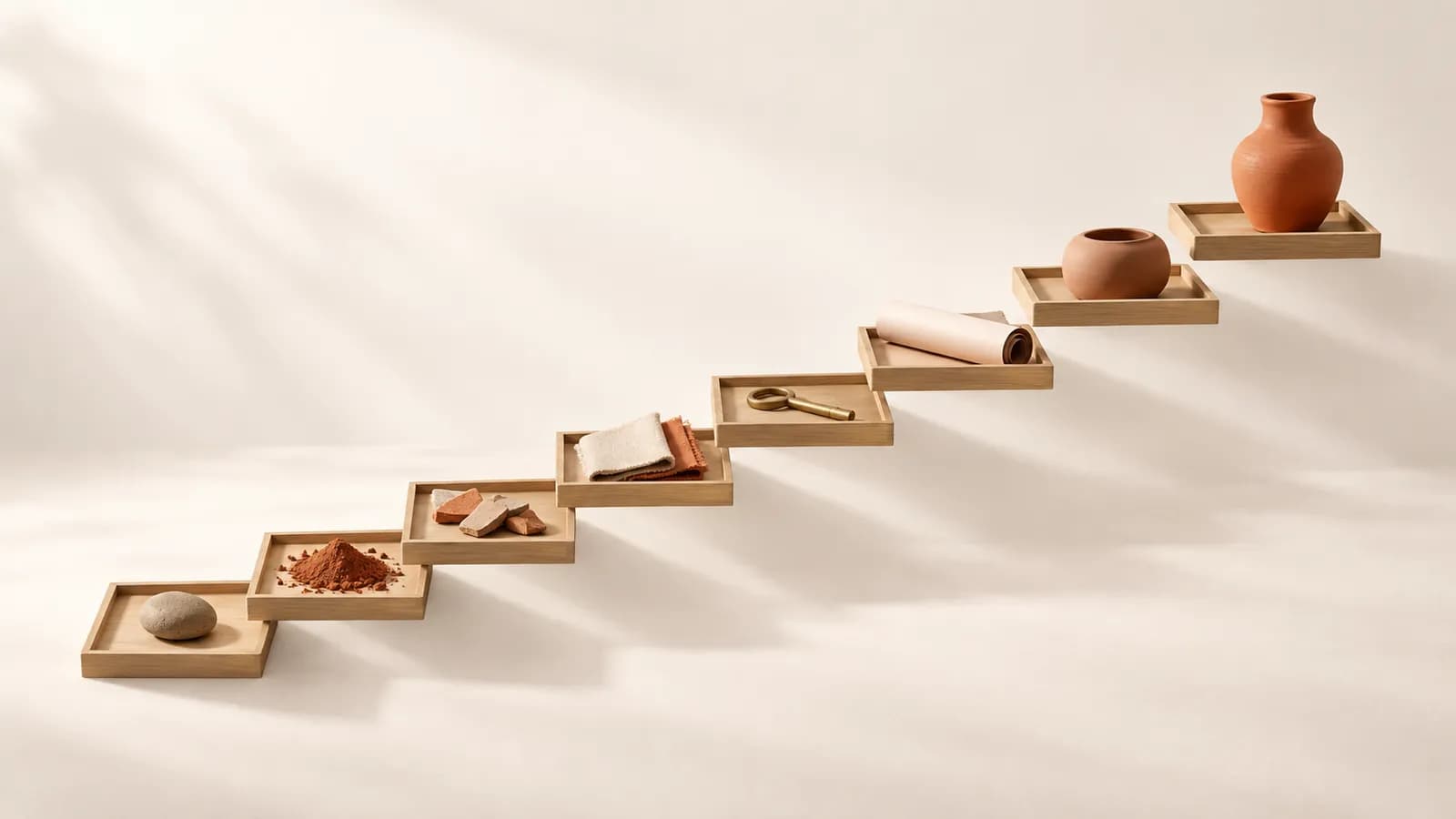 Eight oak trays rising like stairs, holding objects that build to a terracotta vessel