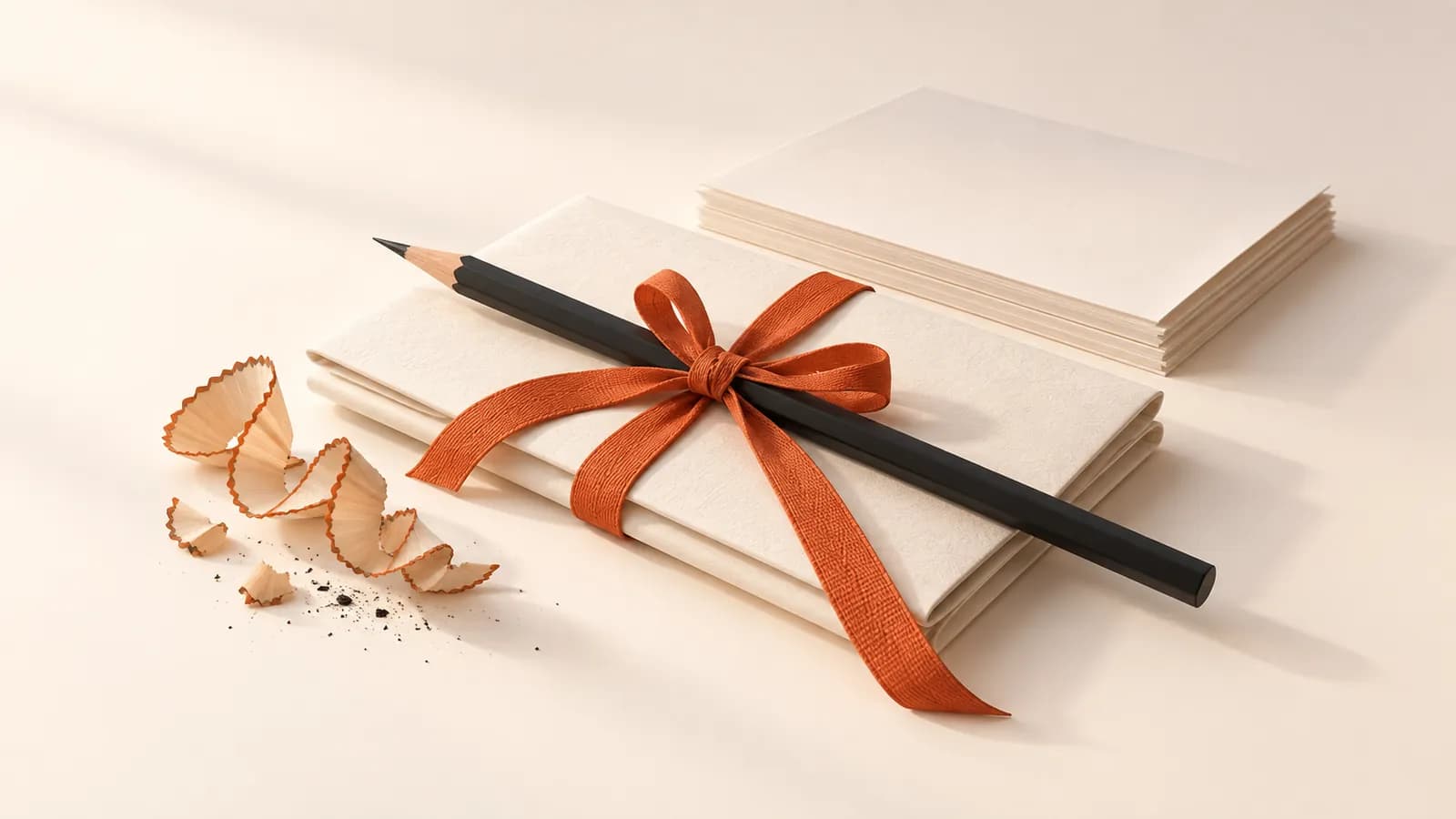 A sharpened pencil on a folded paper brief tied with terracotta ribbon, with curled shavings