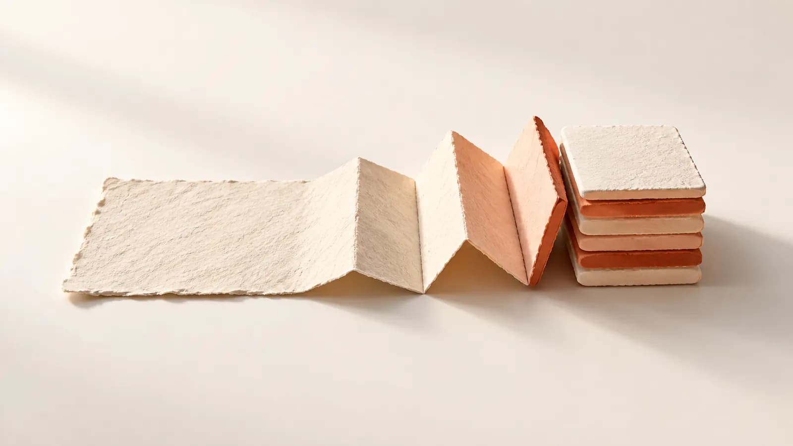 A sheet of handmade paper folding into a neat stack of modular paper tiles with terracotta edges
