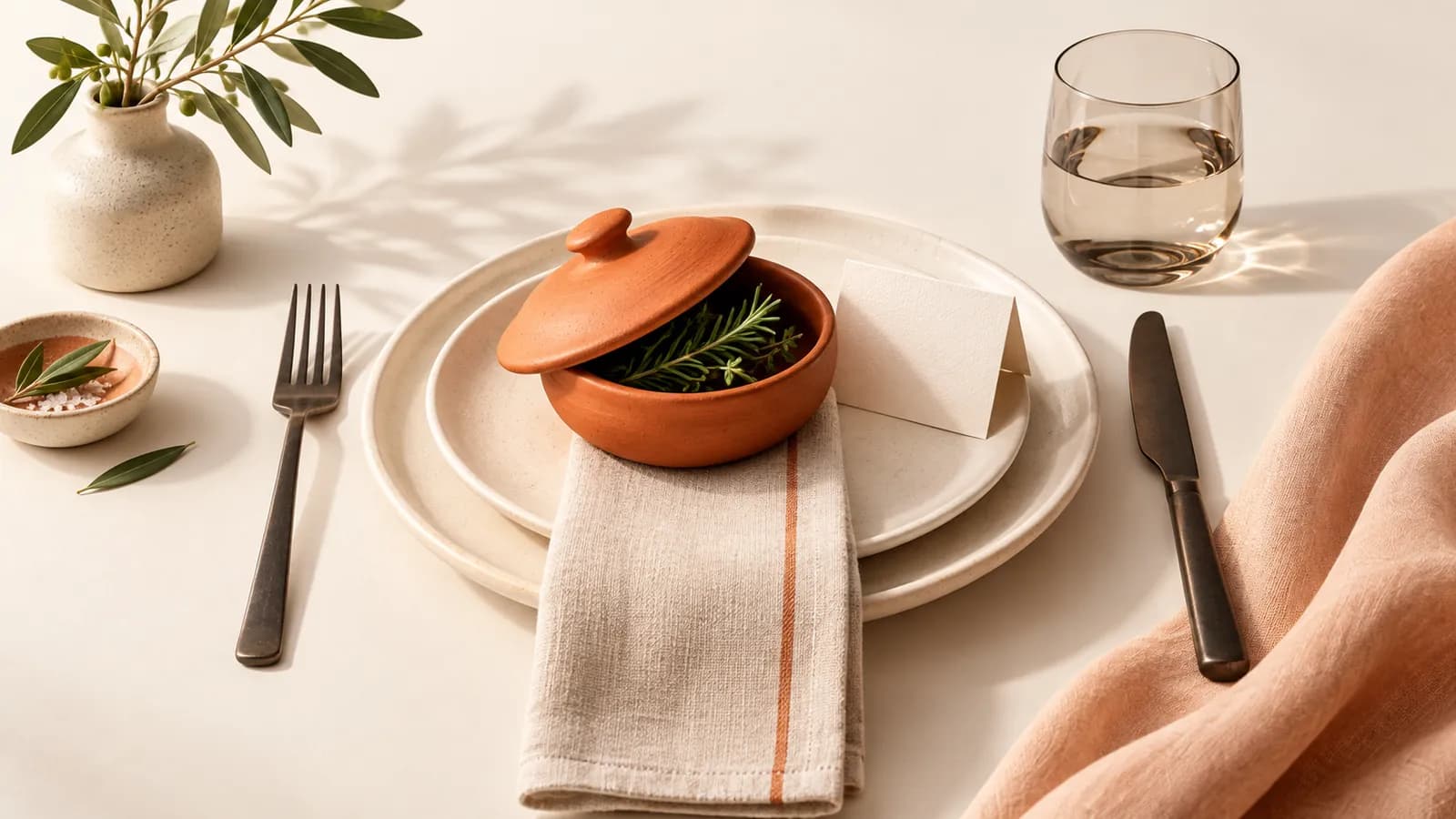A table setting with blank place cards and a lidded terracotta dish revealing green herbs