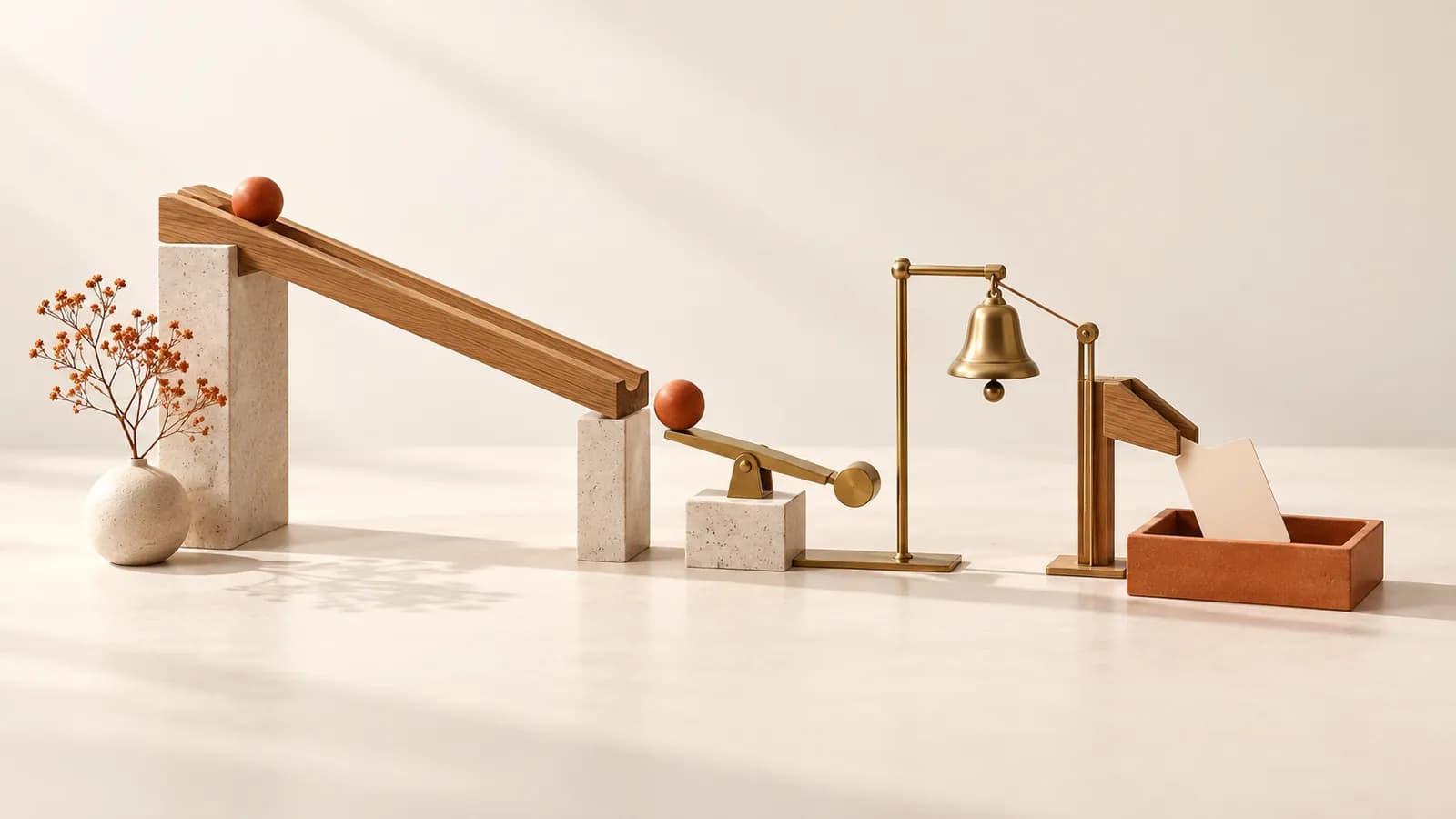 A chain-reaction machine where a marble tips a lever, rings a bell and drops a card into a tray