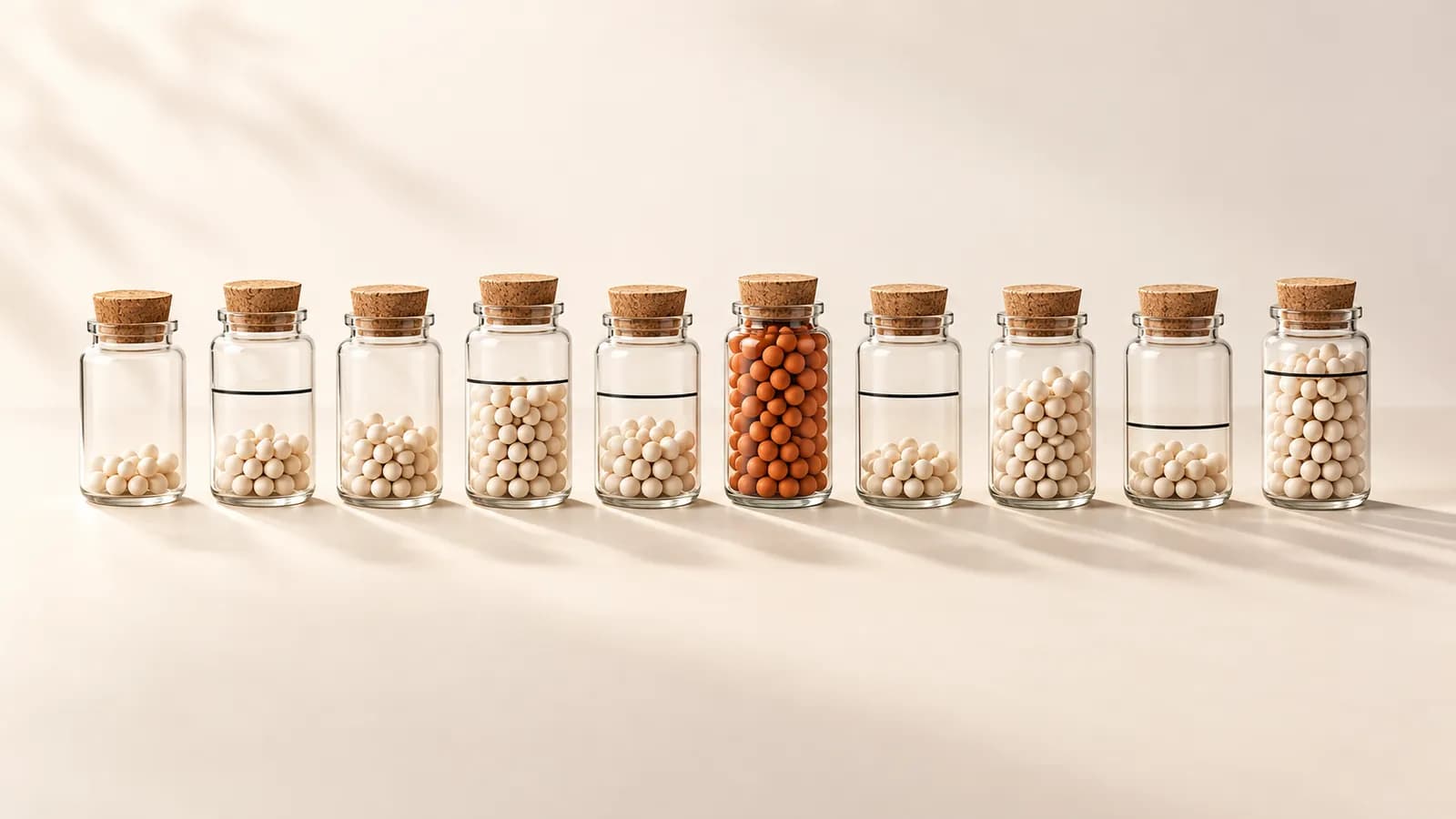 A row of corked glass jars filled with beads to different heights, one filled with terracotta beads