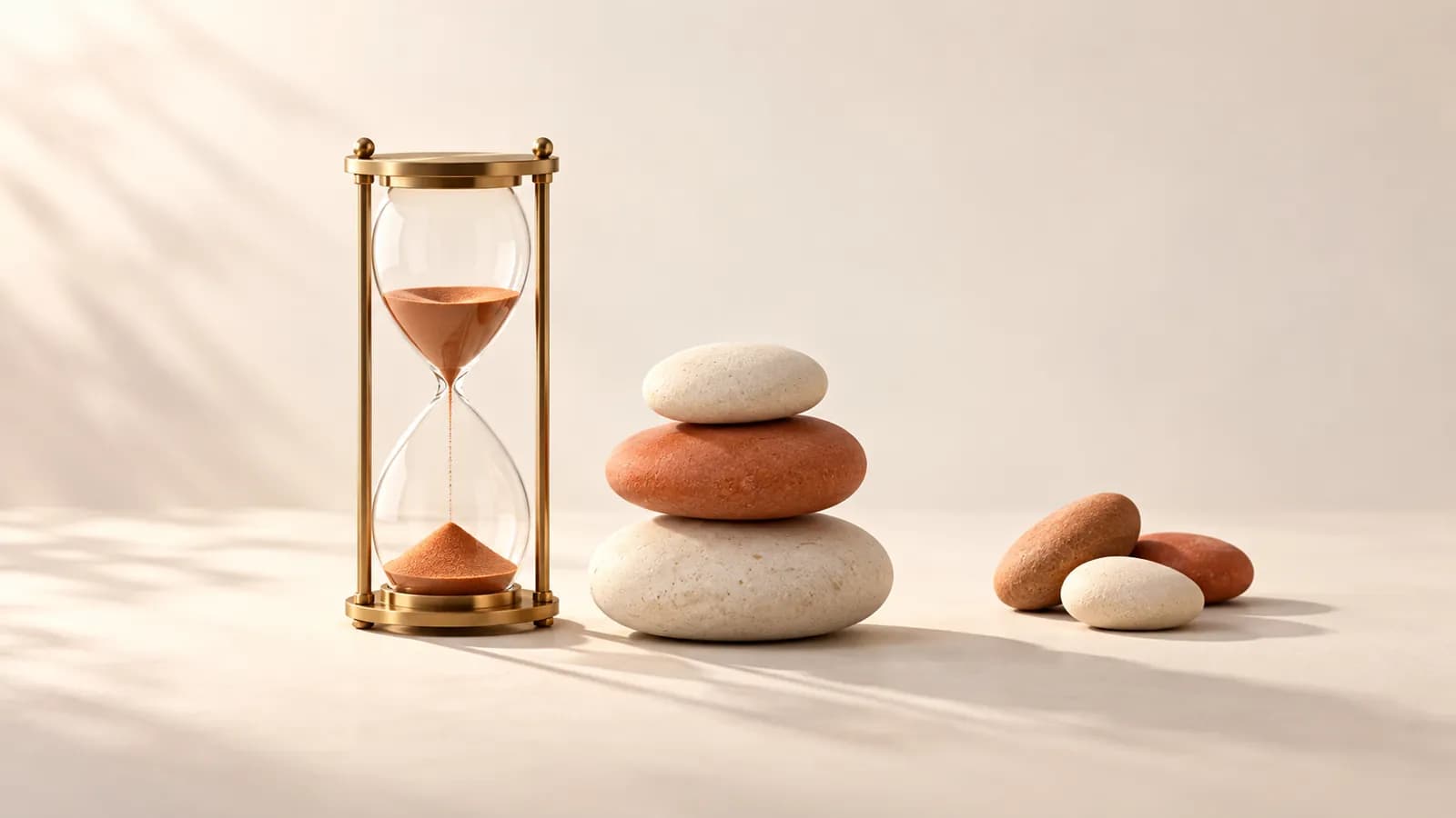 A brass hourglass beside a short stack of balanced stones, with extra stones set aside