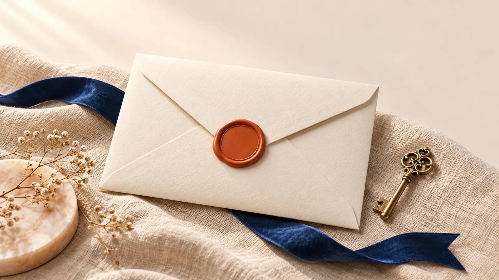 A cream envelope with a terracotta wax seal beside a small brass key on linen