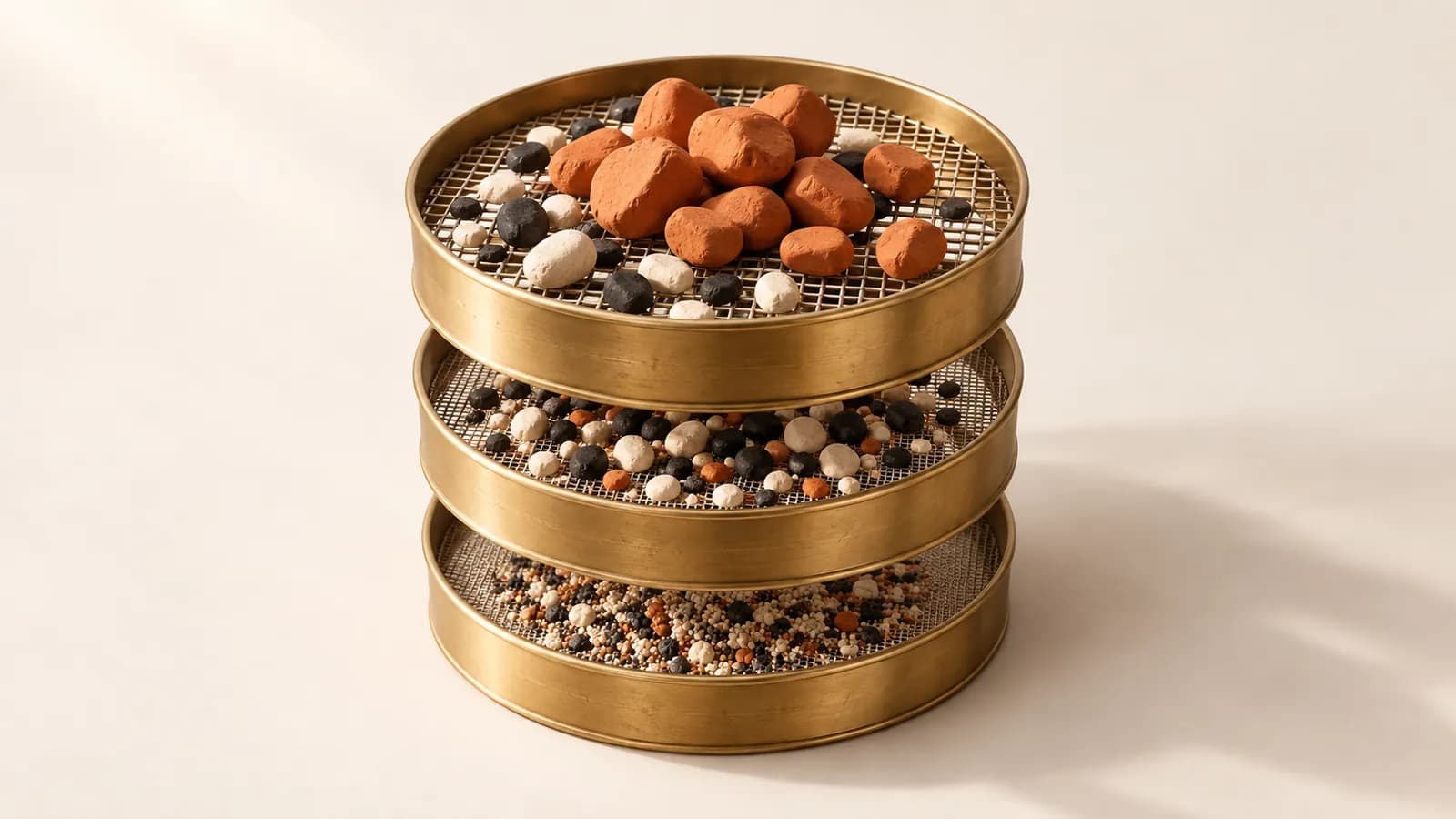 Three stacked brass sieves sorting pebbles, with terracotta stones resting on the top one