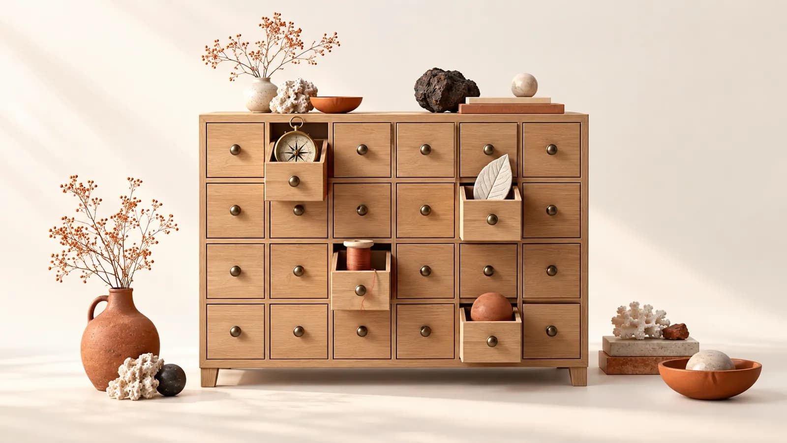 An oak cabinet of small drawers, some open to show a compass, a ceramic leaf and a spool
