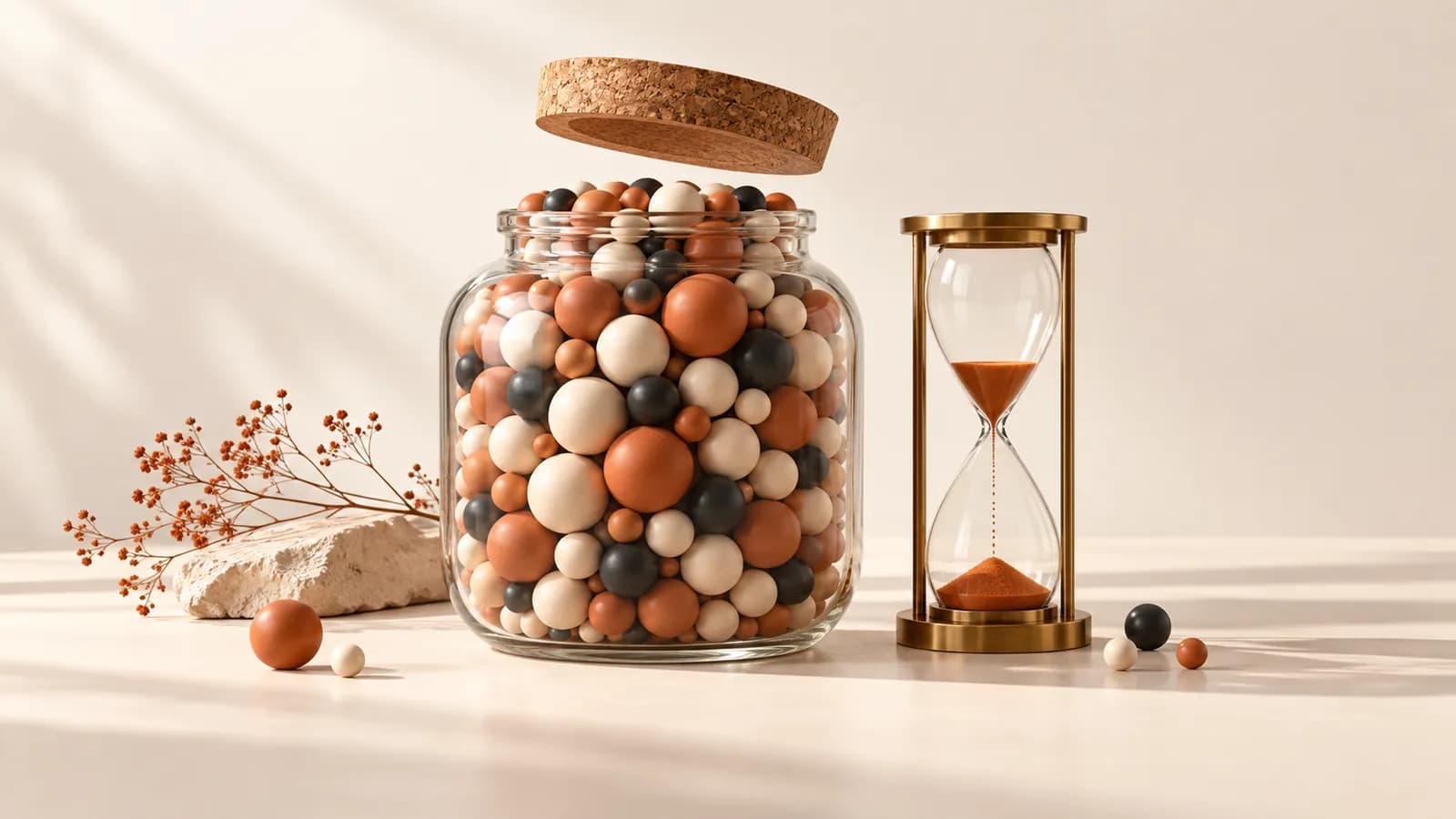 A glass jar filled to the brim with beads, its lid about to close, beside a brass hourglass