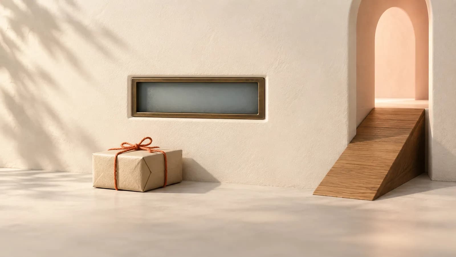 A parcel resting outside a wall slot sealed with frosted blue glass, a ramp leading elsewhere