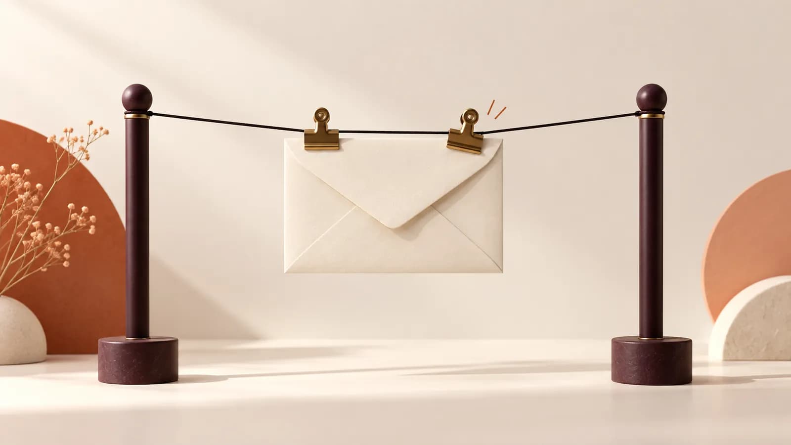 A paper envelope on a taut thread held by two brass clips in sequence