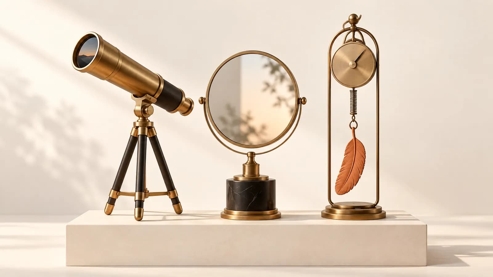 A brass telescope, a hand mirror and a spring scale weighing a terracotta feather