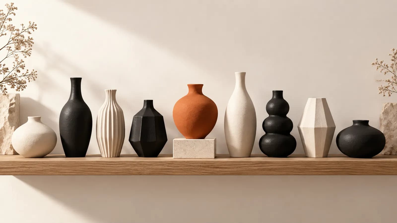 Nine ceramic vessels on an oak shelf, with one terracotta vessel set forward on a plinth
