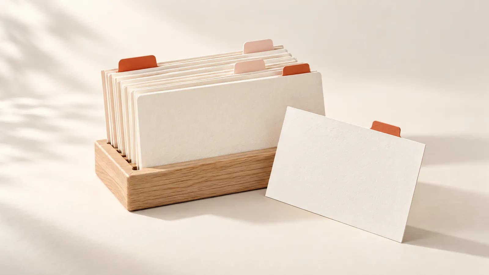 Blank index cards with terracotta tabs in an oak holder, one card set aside at an angle