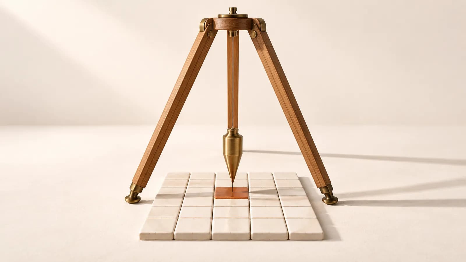 A brass plumb bob on a tripod hanging over a grid of ceramic tiles, one tile terracotta