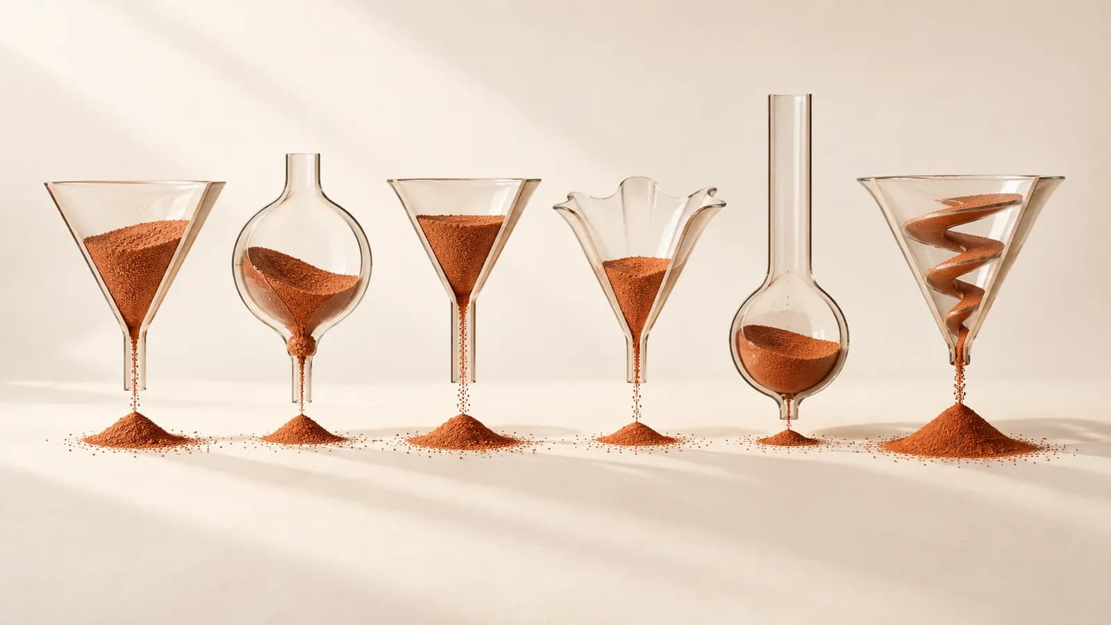 A row of glass funnels cut in half, with terracotta sand at different stages inside each