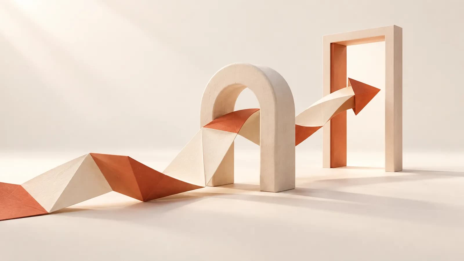 A folded paper arrow bending through a plaster arch toward an open doorway frame