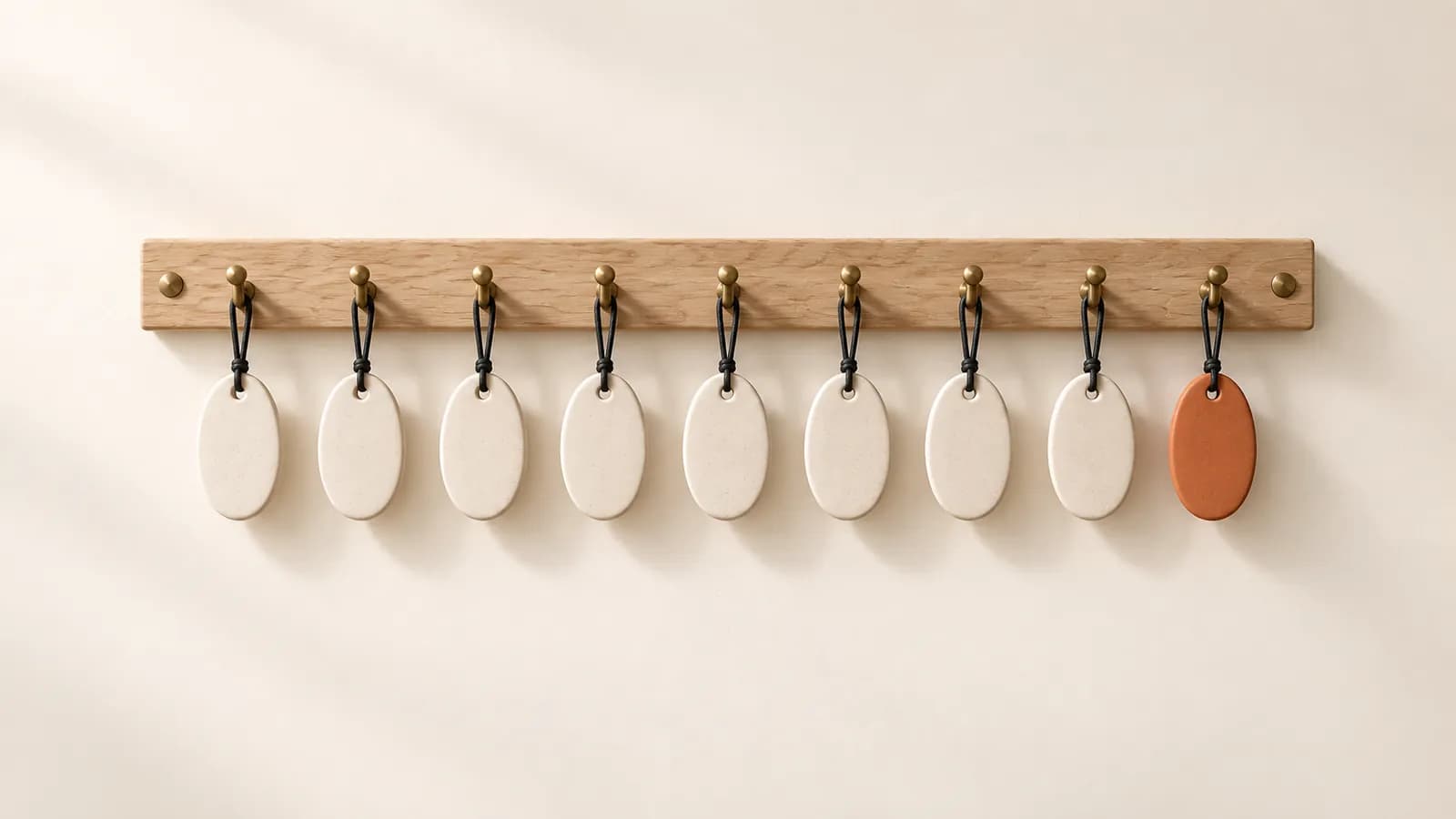 A row of brass hooks holding blank ceramic tags, with one terracotta tag left at the end