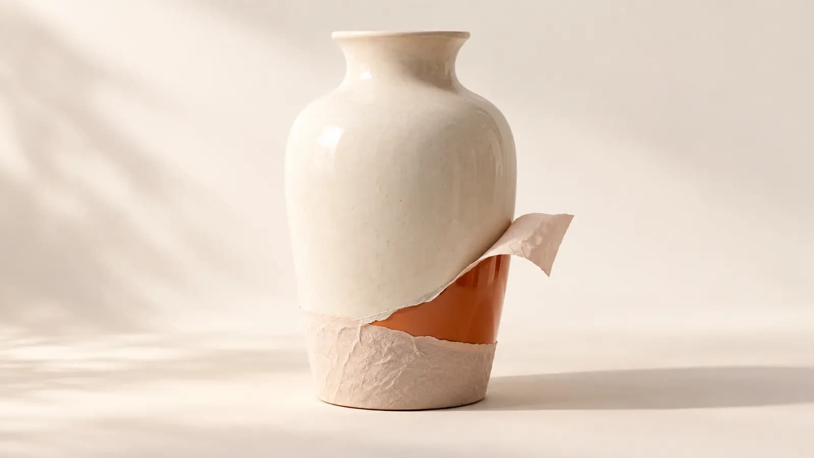 A ceramic vase with a paper band partly peeled back from its base, showing terracotta glaze
