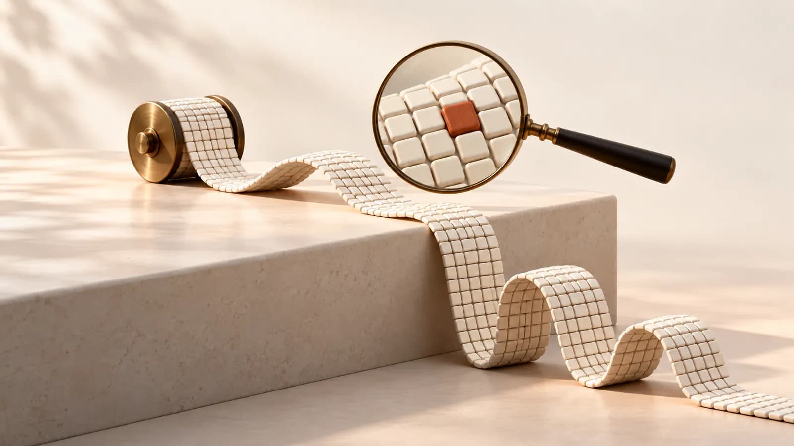 A long ribbon of tiny ceramic tiles spilling off a table, a brass lens enlarging one terracotta tile