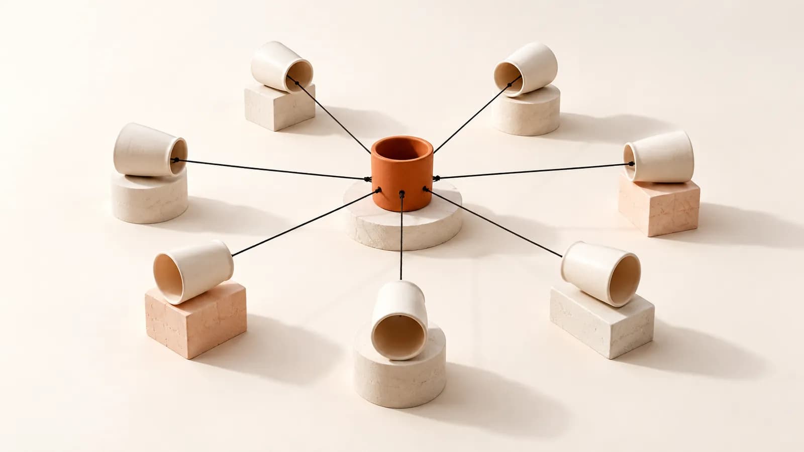 Ceramic cup-and-string telephones connected by threads to one central terracotta cup