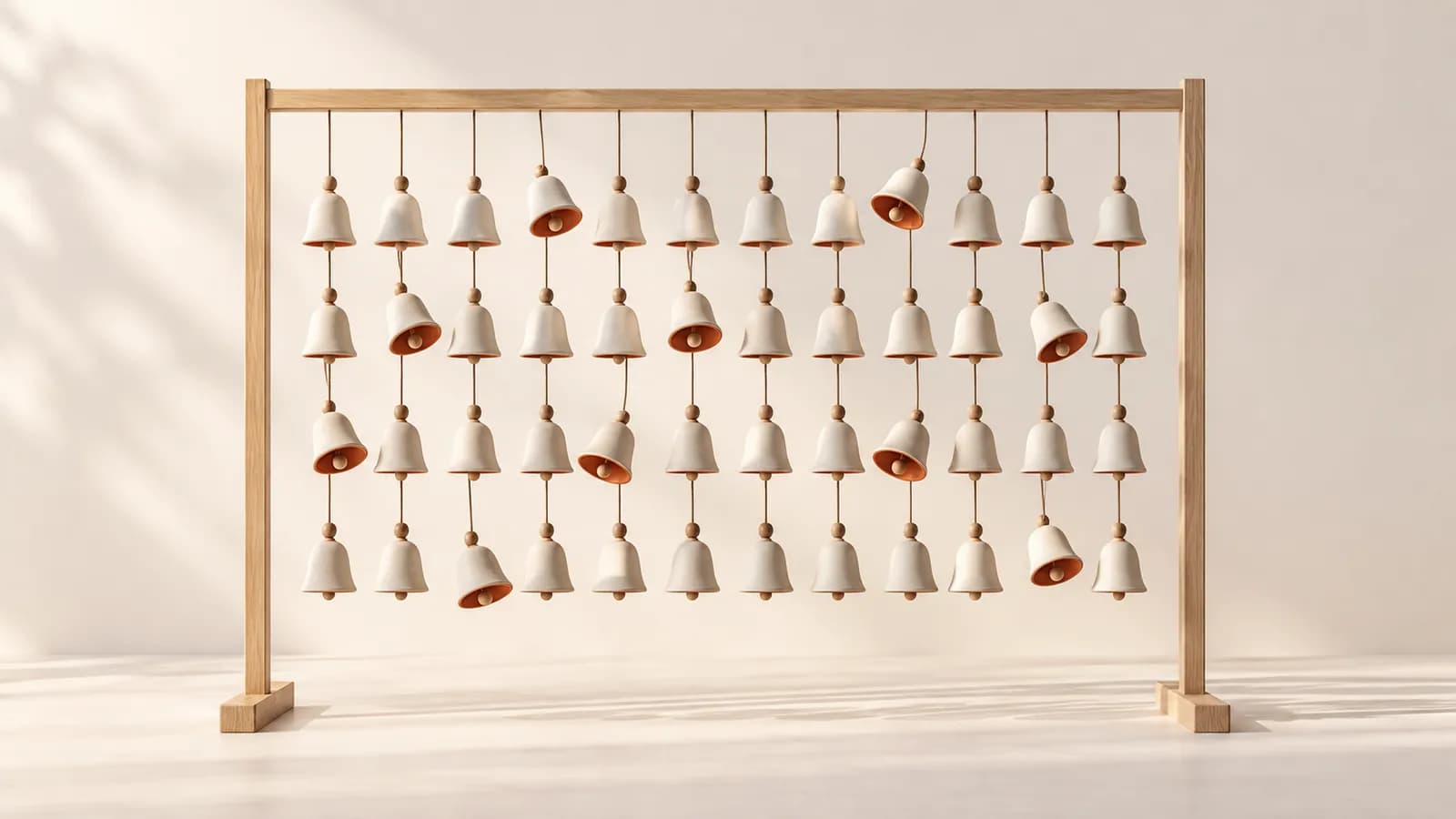 Rows of ceramic bells hanging from an oak frame, a few tilted and ringing