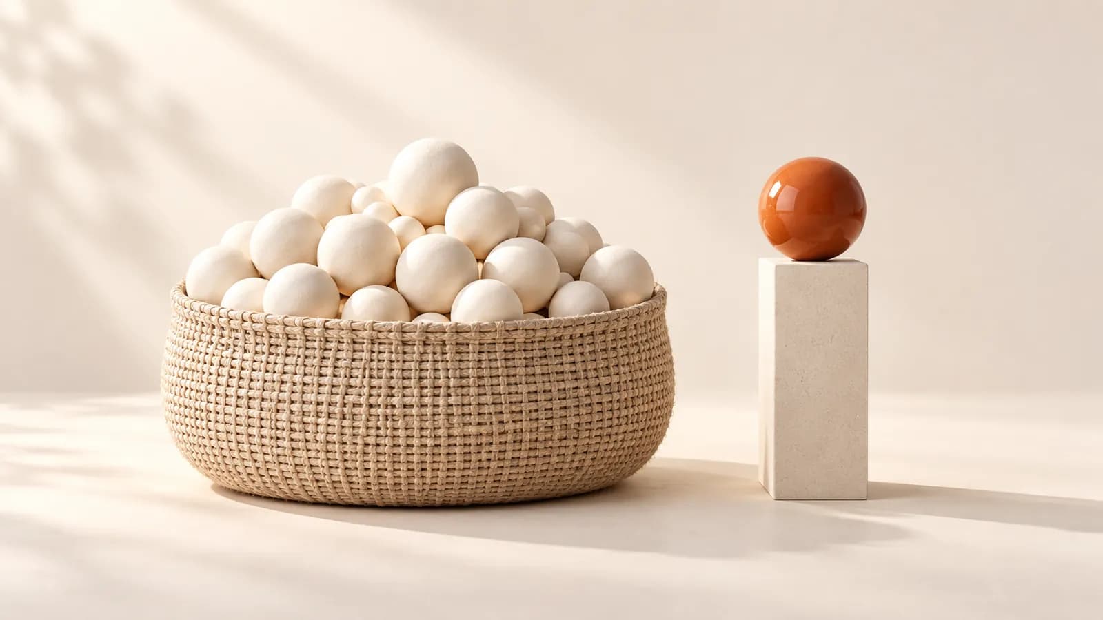A linen basket overflowing with cream spheres beside one polished terracotta sphere on a plinth