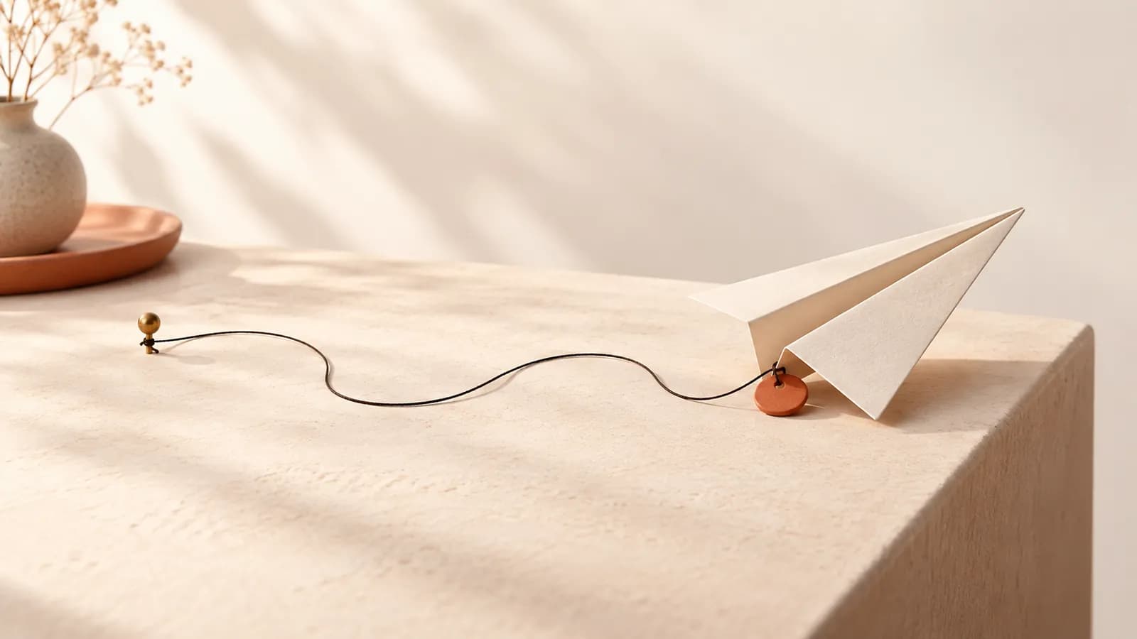 A paper plane with a hidden terracotta tag, a thread tracing its path back to a brass pin