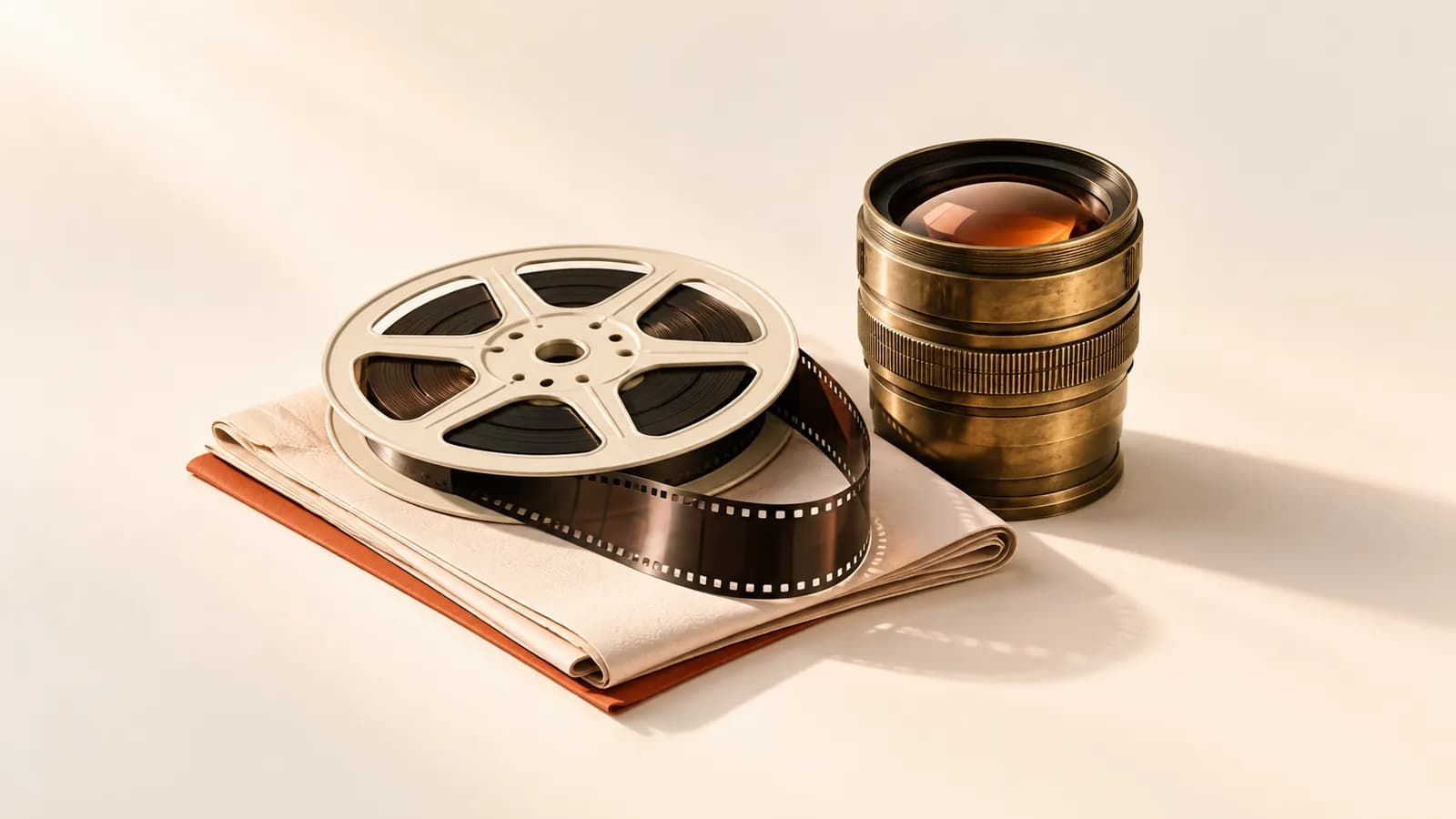A film reel on a folded paper brief beside a brass camera lens reflecting terracotta light