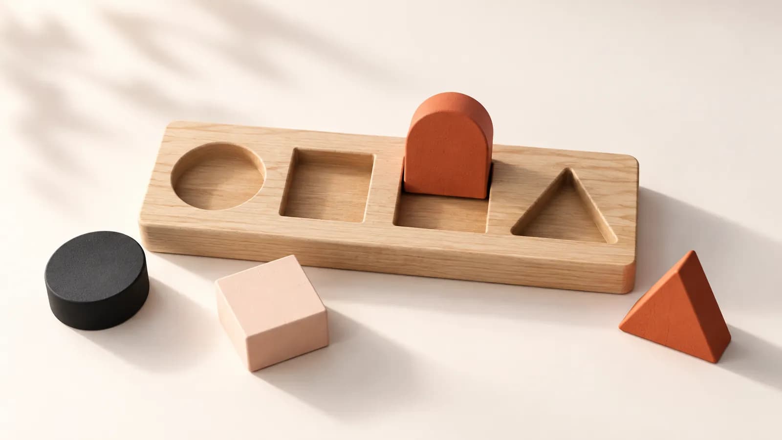An oak board of shaped recesses, with a terracotta arch peg sliding into its matching slot