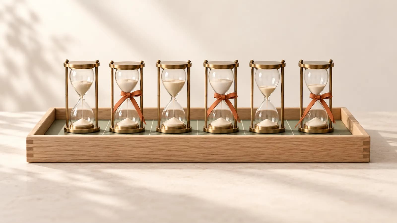 Small hourglasses in an oak tray, some tied with terracotta ribbon to mark them as checked