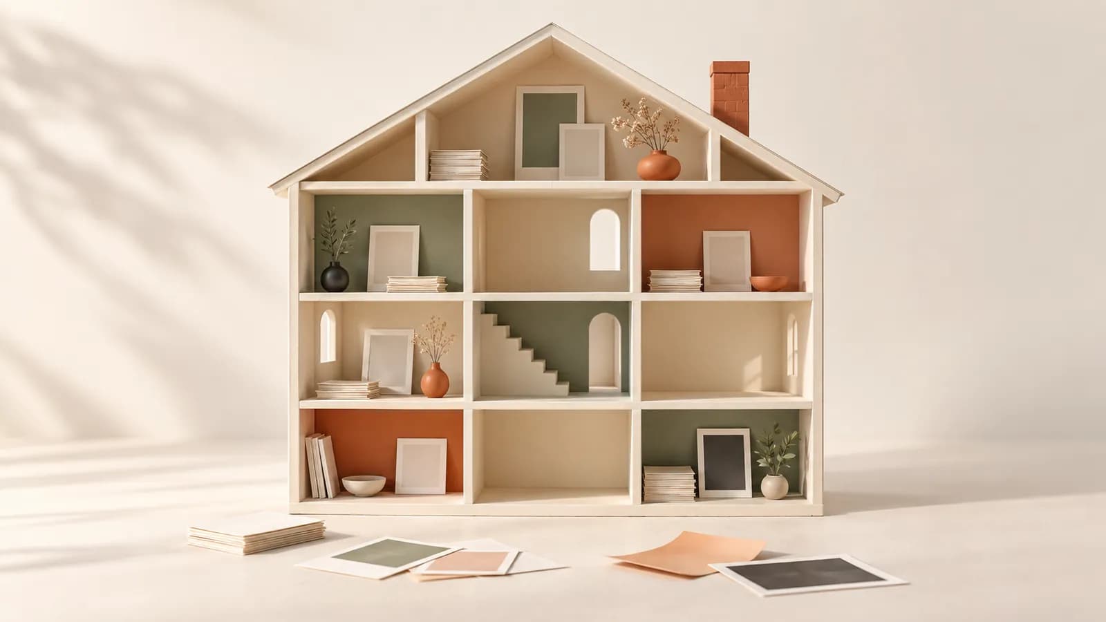 An open house model with some rooms filled with paper and blank prints, others still empty
