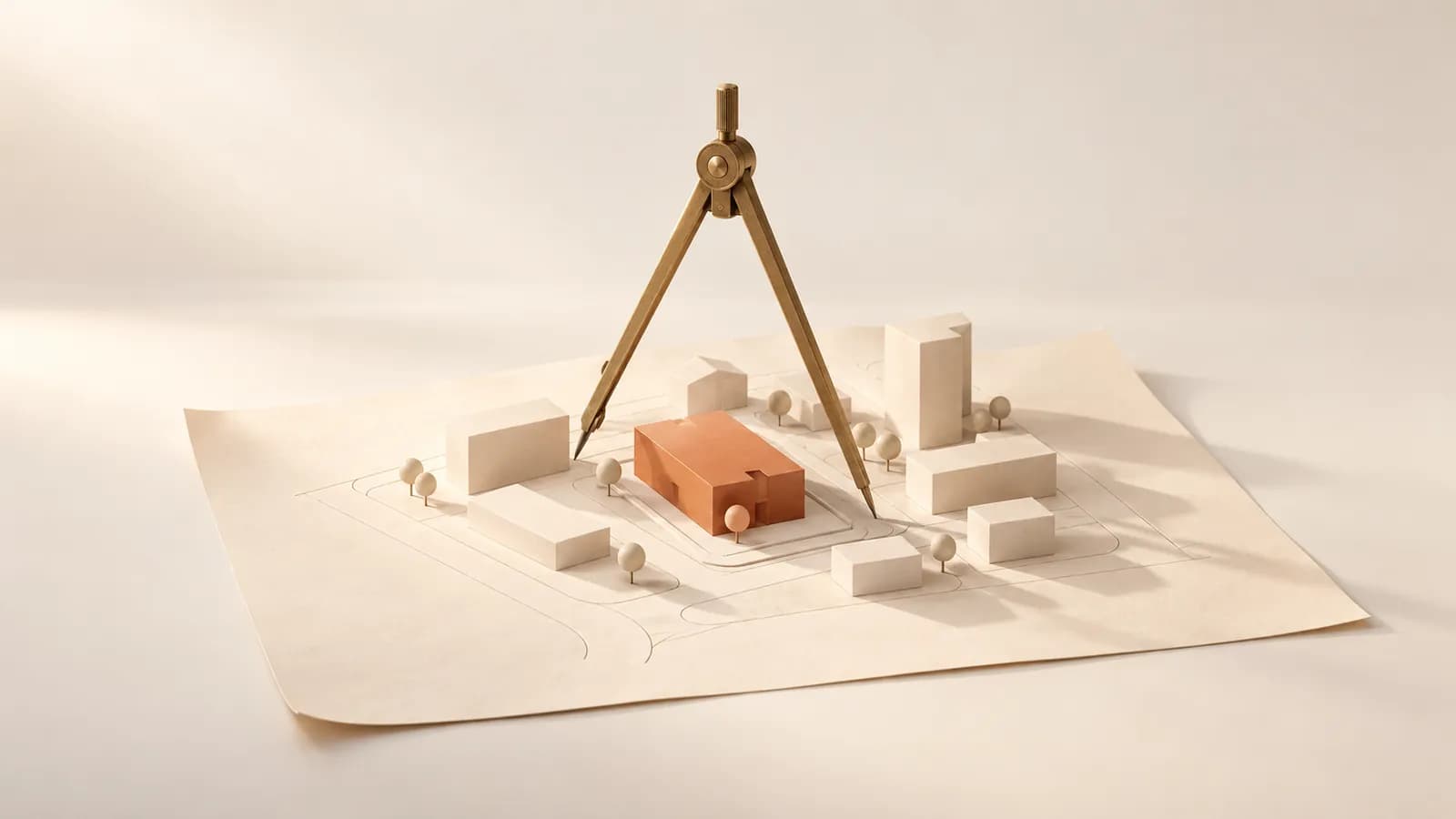 A brass drafting compass over a plan sheet with architectural blocks, one block terracotta