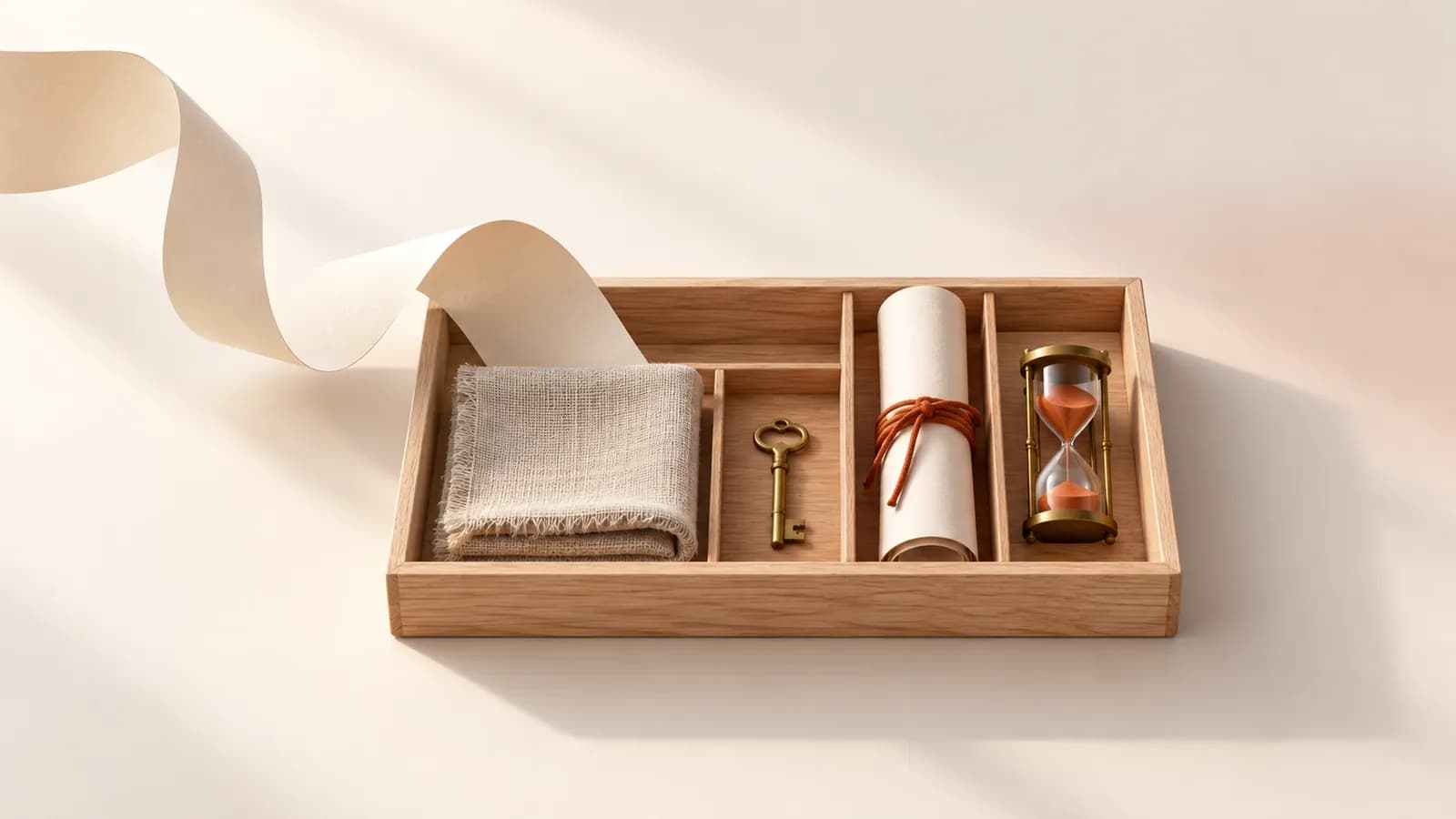 A paper ribbon flowing into an oak tray holding a fabric swatch, brass key, rolled sheet and hourglass