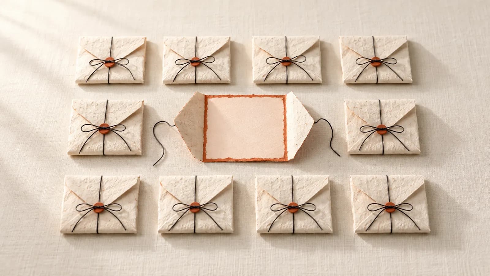 A grid of folded paper briefs tied with thread, one opened flat in the centre