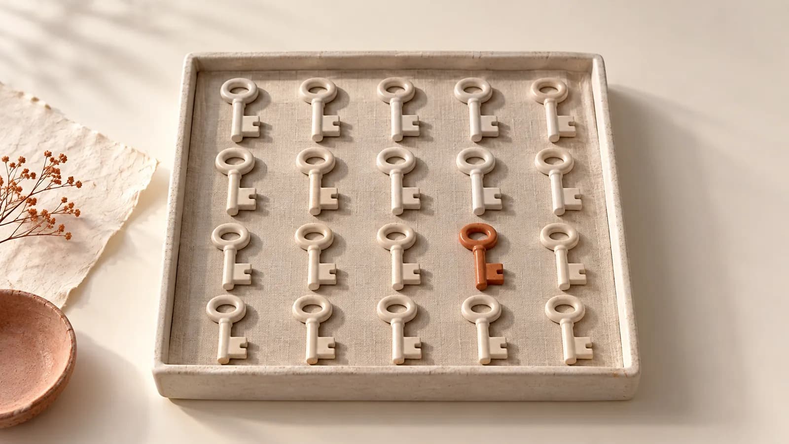 A grid of identical ceramic keys on a tray, one key glazed terracotta with a different bit