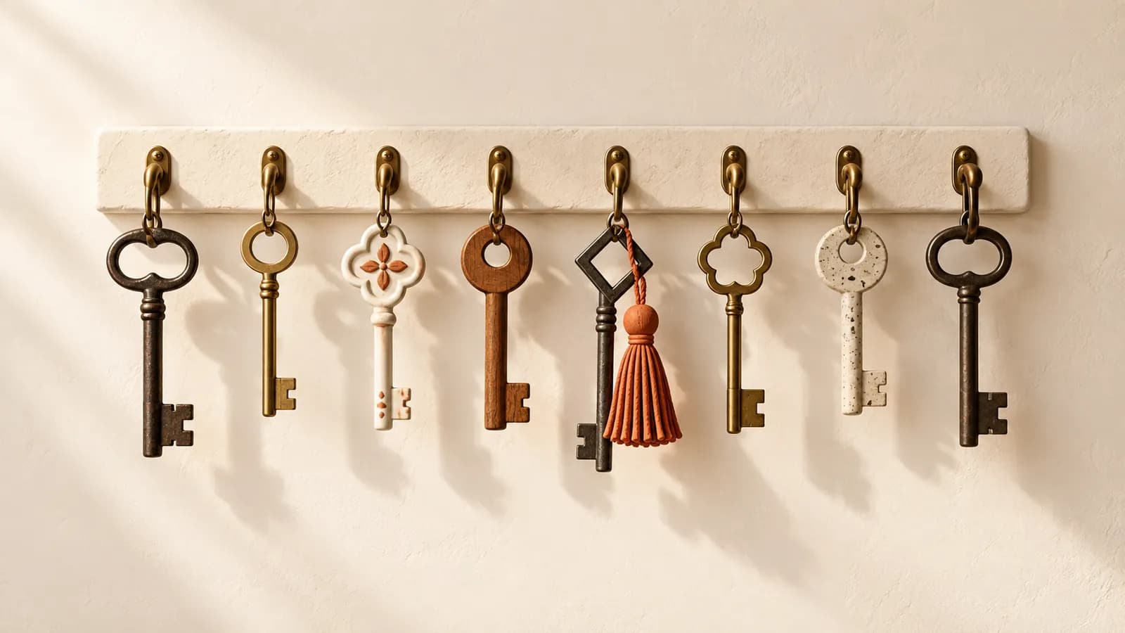 Eight different keys hanging on brass hooks, one with a terracotta tassel