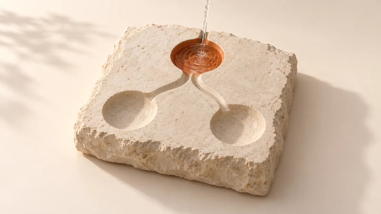 A limestone slab with a water channel splitting three ways, water flowing into one terracotta basin