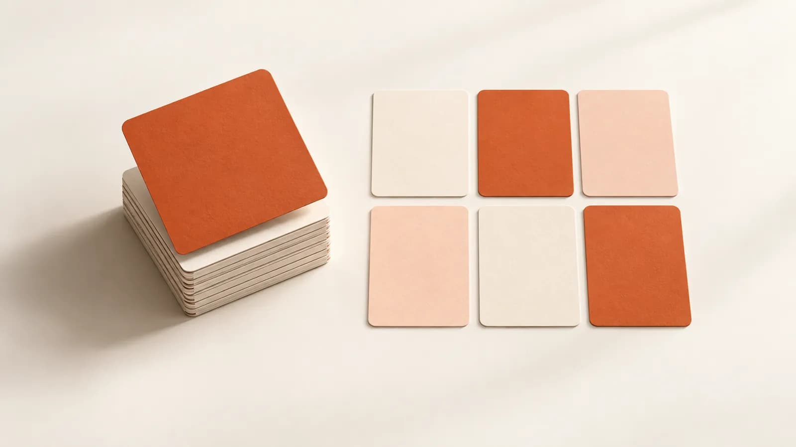 A stack of cards with the top one lifted, beside the same cards laid flat in a grid