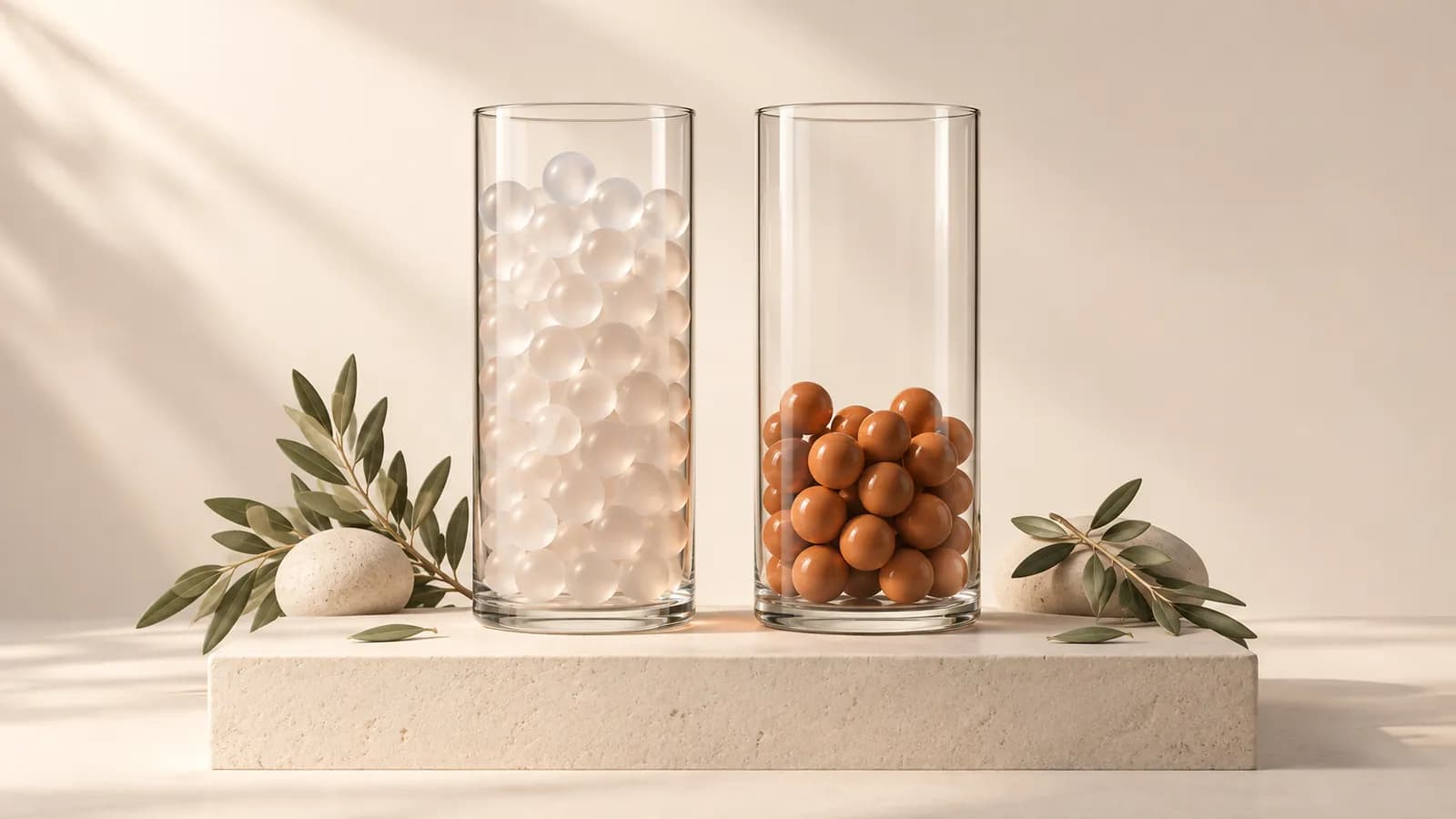 Two glass vessels, one full of frosted beads and one partly filled with terracotta beads