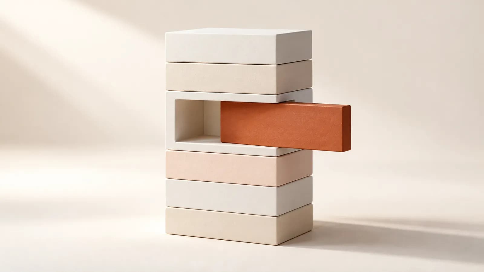 A stack of white blocks with a terracotta panel sliding into a window cut in one block