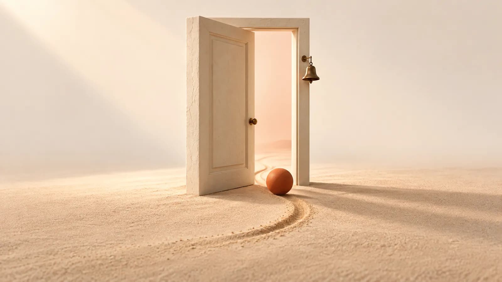 A terracotta ball rolling out through a half-open plaster door, leaving a trail in sand