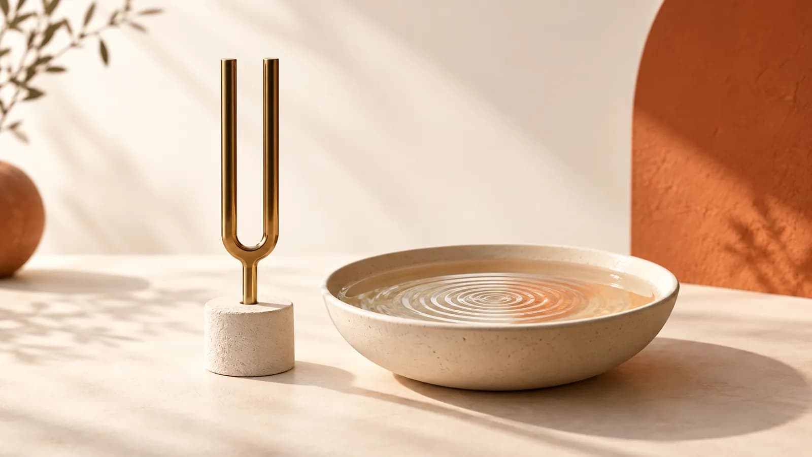 A brass tuning fork beside a dish of water with concentric ripples spreading across it